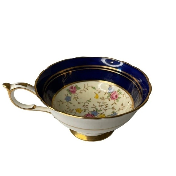 Paragon Comtesse Floral Tea Cup A226 Cobalt Blue Bands Gold Trim Vintage 1950s - Picture 1 of 8